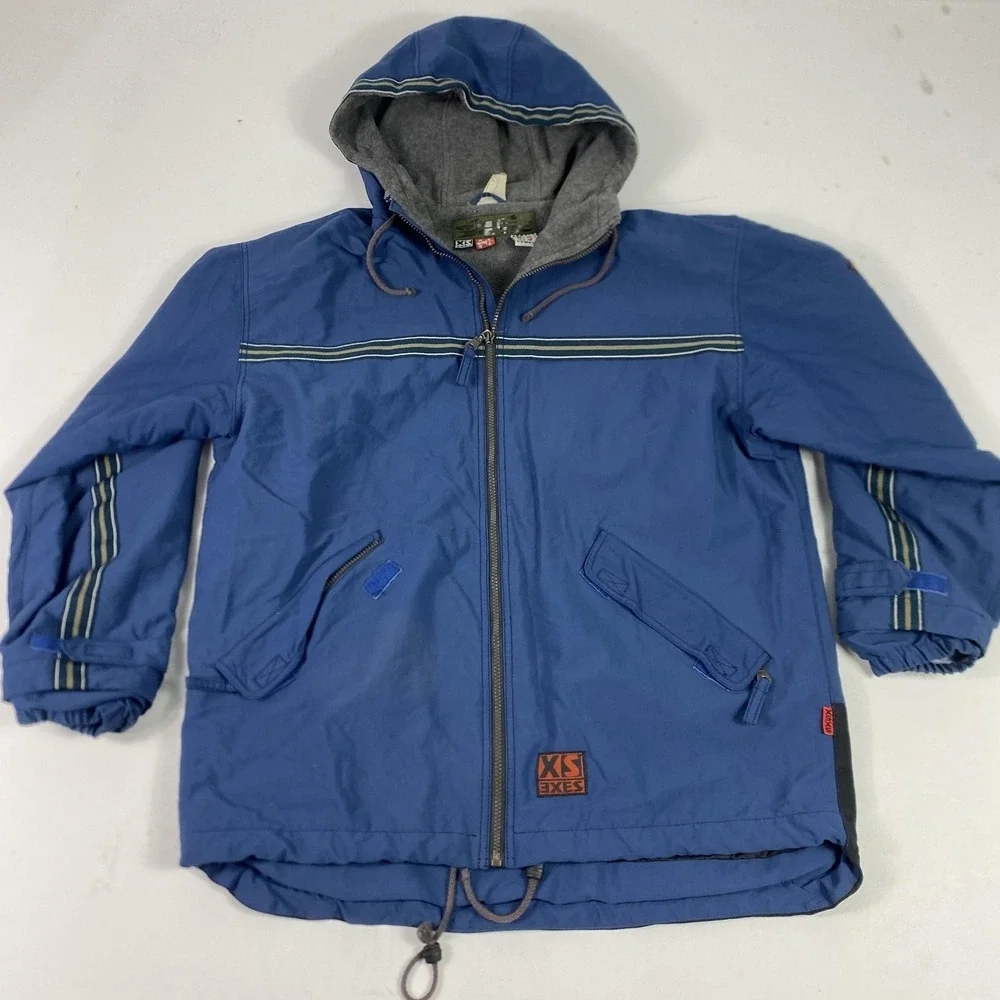 EXES Jacket Mens Small Blue Hooded Fleece Lined Ski Parka Outdoor Stripe Vintage